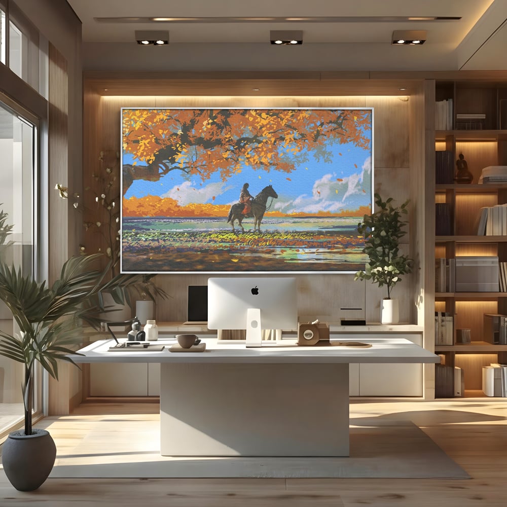 Tablou canvas cu tablou canvas cu fata pe cal, in rama de aluminiu argintiu, pe perete intr-un birou